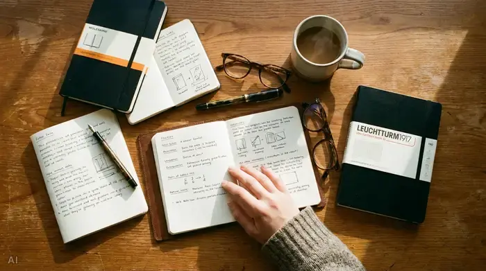 Ein Holztisch von oben fotografiert, darauf liegen ordentlich arrangierte Notizbücher, ein Stift und eine Brille neben einer warmen Tasse Kaffee. Eine Hand ruht ruhig auf den Notizen. Friedliche und strukturierte Planungsatmosphäre.