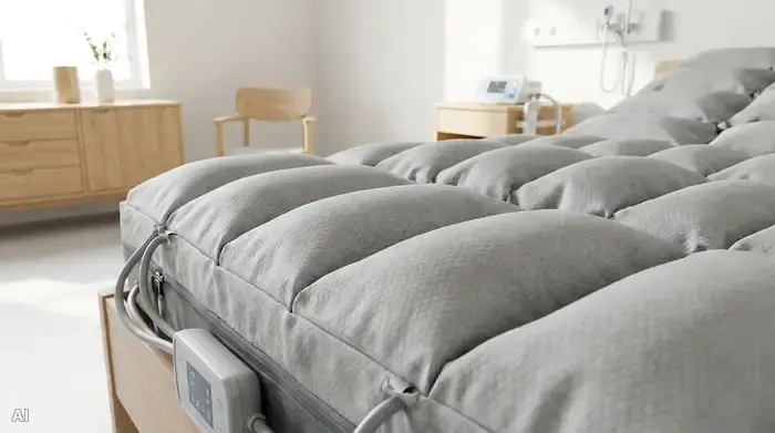Nahaufnahme einer modernen Wechseldruckmatratze mit sichtbaren Luftkammern in einem sauberen Pflegezimmer. Die Oberfläche ist weich und strukturiert, das Material wirkt hochwertig und hygienisch.