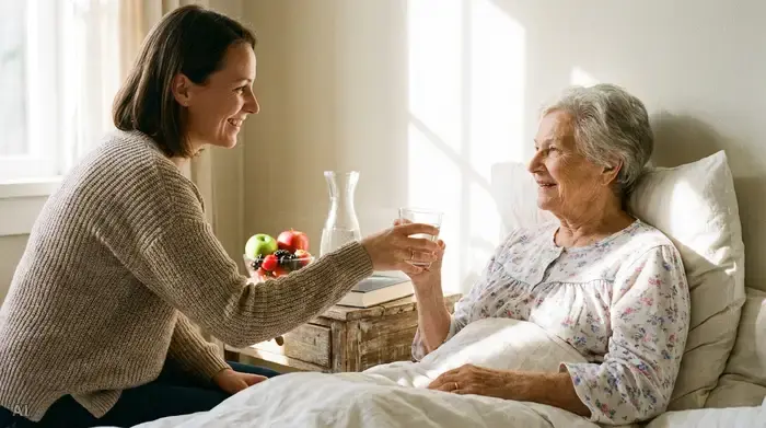 Eine lächelnde pflegende Angehörige reicht einer älteren Dame im Bett ein Glas Wasser. Auf dem kleinen Holznachttisch stehen frisches Obst und eine Karaffe.