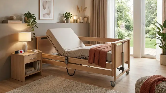Ein modernes, elektrisch verstellbares Pflegebett in einem gemütlichen Schlafzimmer. Auf dem Nachttisch liegt ein Hausnotruf-Armband bereit. Die Szene ist ruhig, ohne Personen, fokussiert auf die sichere und komfortable Ausstattung.