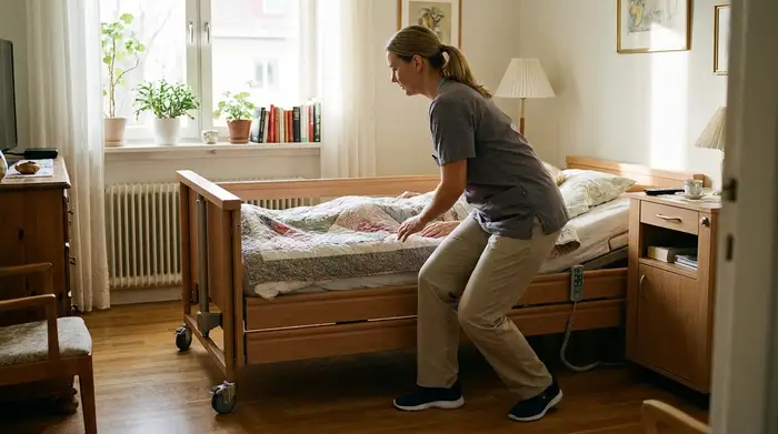 Eine Pflegende steht in ergonomischer Schrittstellung nah an einem höhenverstellbaren Pflegebett. Sie hält den Rücken gerade und beugt leicht die Knie. Die Szene ist hell, professionell und zeigt die richtige, rückenschonende Körperhaltung in einem gemütlichen Zuhause.