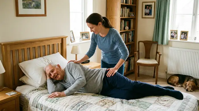 Eine detaillierte, realistische Szene: Eine pflegende Tochter hilft ihrem älteren Vater sanft, sich im Bett auf die Seite zu drehen. Sie hat ihre Hände flächig an seiner Schulter und Hüfte positioniert. Das Zimmer wirkt warm, aufgeräumt und wohnlich.
