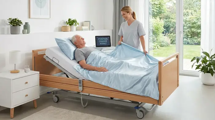 Ein modernes, elektrisches Pflegebett in einem aufgeräumten Zimmer. Auf der Matratze liegt eine seidenartige, hellblaue Gleitmatte unter einem älteren Patienten. Ein Pfleger steht entspannt daneben und nutzt die Matte für einen mühelosen Positionswechsel.