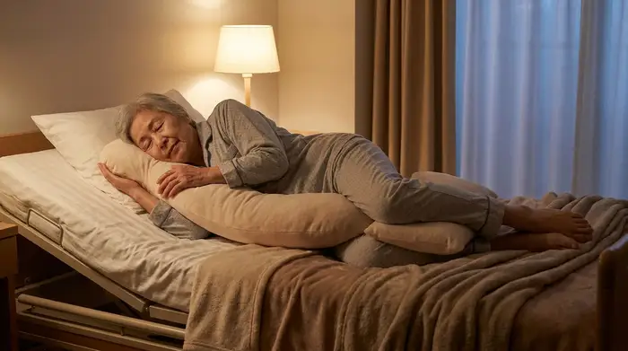 Ein älterer Mensch liegt entspannt in einer 30-Grad-Seitenlage im Bett. Ein weiches, langes Lagerungskissen stützt sanft den Rücken, ein weiteres kleines Kissen liegt zwischen den Knien. Friedliche, ruhige Schlafatmosphäre im sanft gedimmten Licht.