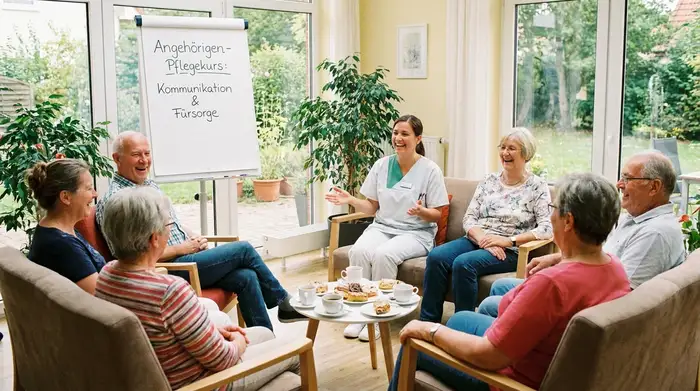 Eine kleine Gruppe von Menschen sitzt in einem hellen Raum zusammen mit einer professionellen Pflegekraft, die entspannt lächelt. Es sieht aus wie ein informeller, freundlicher Austausch in einem Pflegekurs für Angehörige. Die Stimmung ist positiv und ermutigend.