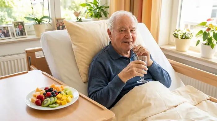 Ein freundlicher älterer Mann sitzt leicht aufgerichtet im Pflegebett und trinkt selbstständig aus einem eleganten Glas Wasser mit einem wiederverwendbaren Trinkhalm. Auf dem Tisch daneben steht ein Teller mit frischen, bunten Obststücken.