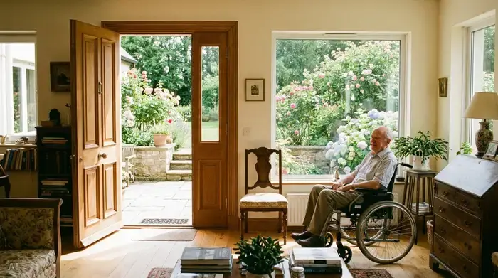 Ein geräumiges, sonnendurchflutetes Zimmer im Erdgeschoss mit einer breiten, geöffneten Zimmertür. Ein älterer Herr sitzt entspannt in einem Rollstuhl und blickt durch ein großes Fenster in einen blühenden Garten. Realistische, warme Szene, hohe Fotoqualität.