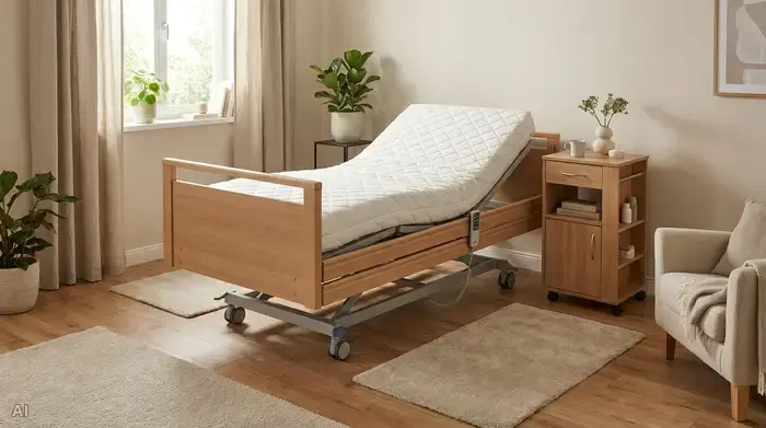 Ein modernes, elektrisch verstellbares Pflegebett steht mittig in einem gemütlichen Raum, sodass es von drei Seiten frei zugänglich ist. Auf dem Bett liegt eine hochwertige Spezialmatratze. Ein praktischer Pflegenachttisch aus Holz steht griffbereit daneben. Keine Menschen im Bild, aufgeräumte und ruhige Umgebung.