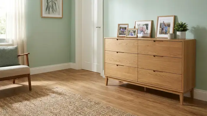 Ein eleganter, wischbarer Vinylboden in warmer Holzoptik in einem aufgeräumten Zimmer. Eine stilvolle Kommode aus Eichenholz bietet Stauraum, darauf stehen gerahmte Familienfotos und eine kleine Zimmerpflanze. Sanfte, pastellgrüne Wände vermitteln Ruhe. Realistische Innenarchitektur-Fotografie.