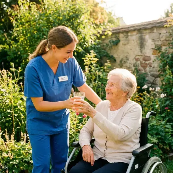 Eine freundliche, professionelle Pflegekraft in blauer Berufskleidung reicht einer lächelnden Seniorin im Rollstuhl ein Glas Wasser im Garten. Sonniges Wetter, grüne Pflanzen im Hintergrund, realistische und vertrauensvolle Pflegesituation.