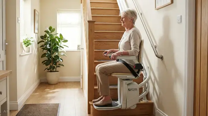 Eine rüstige Seniorin fährt sicher und entspannt mit einem modernen Treppenlift eine Holztreppe hinauf. Ein aufgeräumter Flur mit hellen Wänden und einer schönen Topfpflanze. Realistische Darstellung von Barrierefreiheit und Sicherheit im eigenen Zuhause.