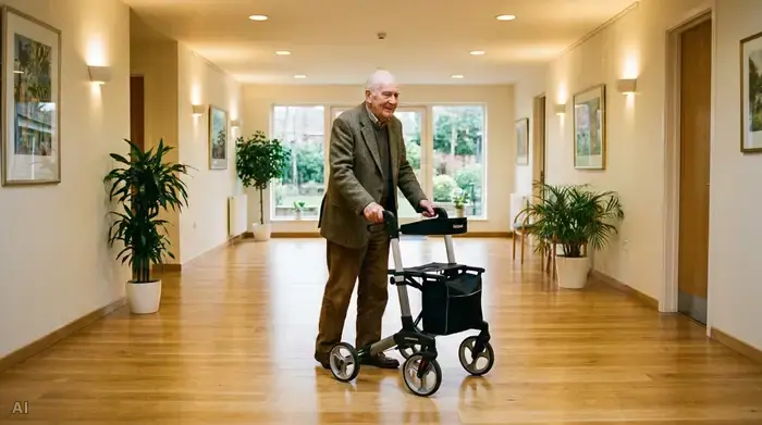 Ein älterer Herr geht langsam aber sicher mit einem modernen Indoor-Rollator durch einen breiten, gut beleuchteten Flur. Der Boden ist glatt und frei von Teppichen. Warme Beleuchtung schafft eine gemütliche und sichere Umgebung.