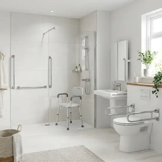 Ein modernes, barrierefreies Badezimmer mit einer bodengleichen Dusche. An den hellen Fliesen sind stabile, verchromte Haltegriffe montiert. Ein rutschfester Duschhocker steht bereit. Die Atmosphäre ist sauber, sicher und einladend.