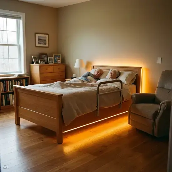 Ein gemütliches Schlafzimmer für Senioren. Neben dem Bett mit angenehmer Einstiegshöhe leuchtet ein sanftes LED-Nachtlicht den Weg aus. Der Holzboden ist frei von losen Bettvorlegern.