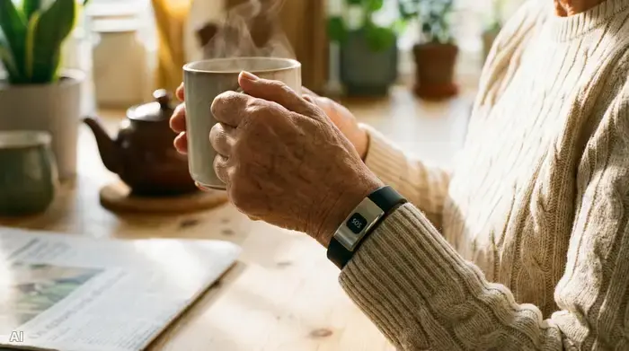 Eine Nahaufnahme der Hand einer älteren Frau, die ein elegantes, wasserdichtes Hausnotruf-Armband am Handgelenk trägt. Sie sitzt gemütlich am Küchentisch und hält eine warme Tasse Tee. Das Licht ist weich und beruhigend.