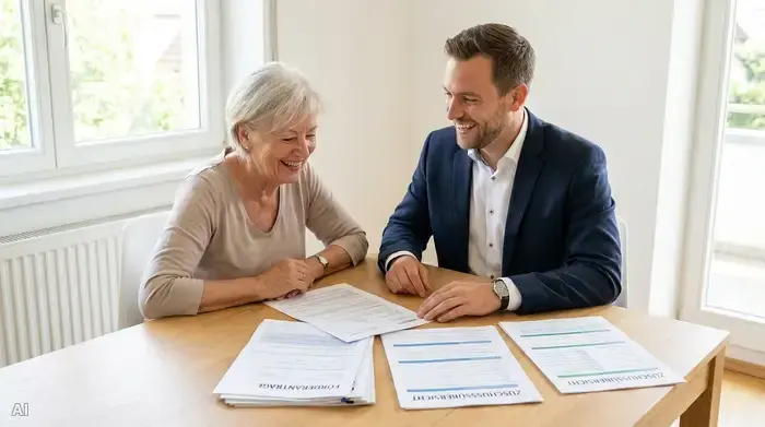 Eine lächelnde ältere Frau sitzt mit einem Berater an einem hellen Holztisch. Vor ihnen liegen übersichtlich geordnete Papiere. Sie besprechen entspannt die Möglichkeiten für finanzielle Zuschüsse. Die Stimmung ist positiv und lösungsorientiert.