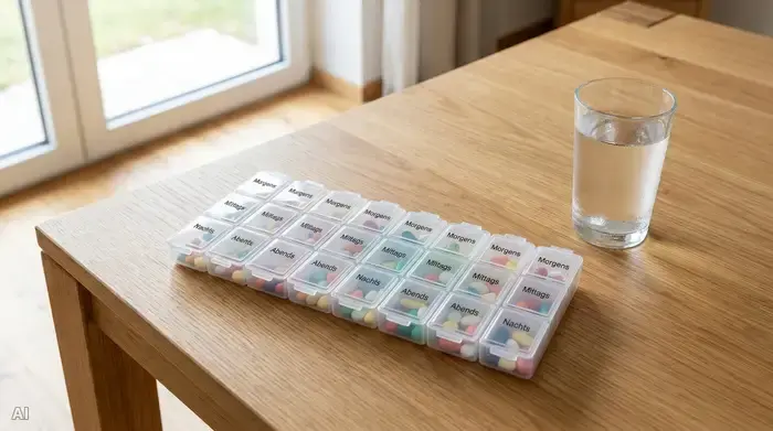 Ein ordentlich sortierter Tabletten-Dispenser für eine ganze Woche liegt auf einem sauberen Holztisch. Daneben steht ein Glas frisches Wasser. Die Szene strahlt Struktur und Sicherheit im Alltag aus.