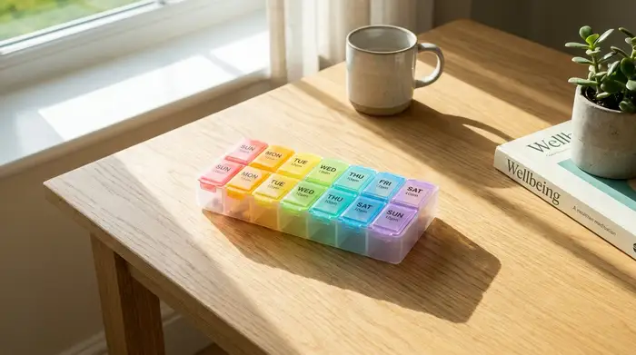 Ein moderner, übersichtlicher Medikamentendispenser mit bunten Fächern liegt auf einem sauberen Holztisch. Helles Sonnenlicht, aufgeräumte, positive und unterstützende Atmosphäre.