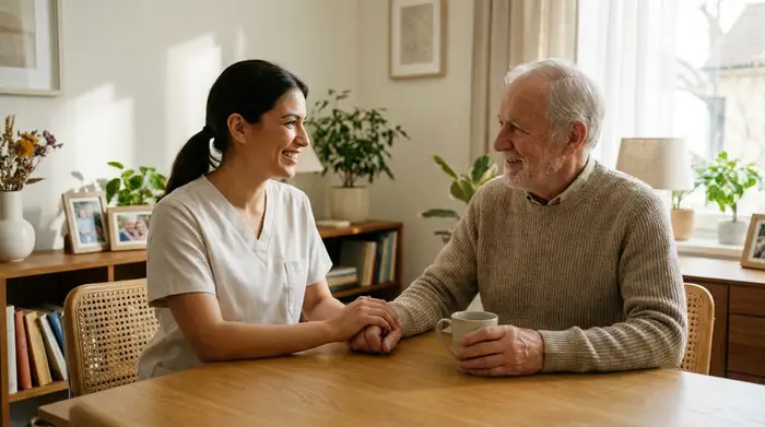 Eine freundliche, professionelle Pflegekraft in sauberer, heller Kleidung sitzt lächelnd am Tisch mit einem älteren Patienten. Sie strahlt Ruhe und Zuversicht aus. Realistische, warme Wohnumgebung.