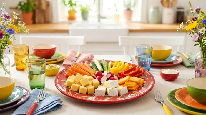 Ein farbenfroh gedeckter Esstisch mit einem roten Teller, auf dem kleine, mundgerechte Käsestücke und Gemüsesticks als Fingerfood appetitlich arrangiert sind. Im Hintergrund ist unscharf eine helle Küche zu erkennen.