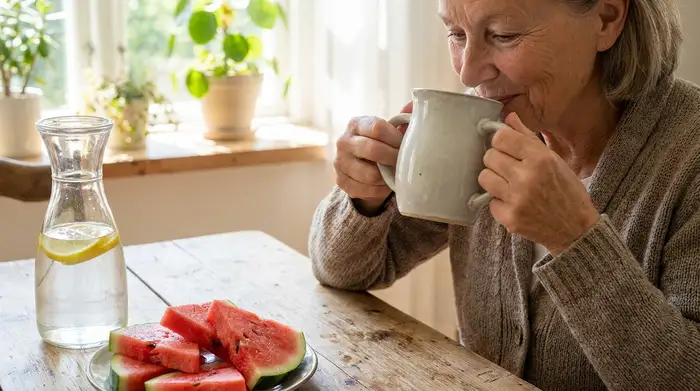 Eine ältere Dame trinkt mit einem leichten Lächeln aus einem großen, gut greifbaren Becher mit zwei Henkeln. Auf dem Tisch stehen eine Karaffe mit frischem Wasser und ein Teller mit saftigen Wassermelonenstücken.
