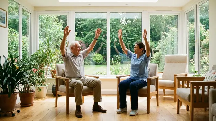 Ein rüstiger Senior macht gemeinsam mit seiner Pflegerin leichte Sitzgymnastik in einem lichtdurchfluteten Raum. Beide heben lächelnd die Arme, große Fenster im Hintergrund zeigen einen grünen Garten.