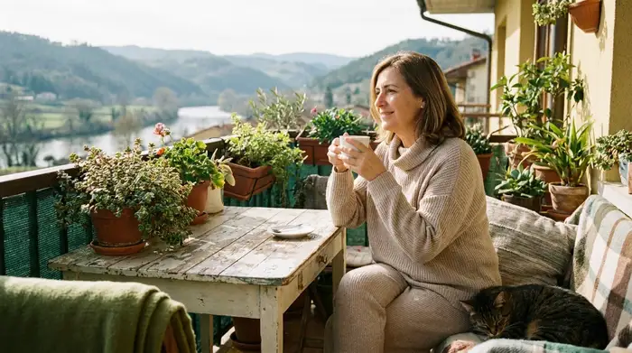 Eine entspannte pflegende Angehörige trinkt in Ruhe eine Tasse Kaffee auf dem Balkon, während sie lächelnd in die Ferne schaut. Die Szene strahlt Ruhe und wohlverdiente Erholung aus.
