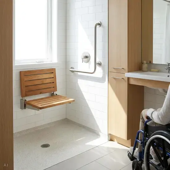 Ein helles, barrierefreies Badezimmer mit einer bodengleichen Dusche. In der Dusche befindet sich ein rutschfester Boden und ein stabiler, an der Wand montierter Klappsitz. Ein moderner Haltegriff aus Edelstahl ist gut sichtbar angebracht.