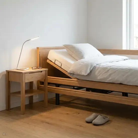Ein aufgeräumtes Schlafzimmer mit einem höhenverstellbaren Seniorenbett. Neben dem Bett steht ein kleiner Nachttisch mit einer hellen Leselampe und einer Brille. Der Boden ist frei von losen Teppichen, geschlossene Hausschuhe stehen bereit.