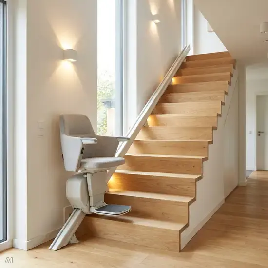 Ein moderner, bequemer Treppenlift fährt an einer hellen Holztreppe entlang. Die Schienen sind sauber an den Stufen montiert, das Treppenhaus ist optimal ausgeleuchtet.