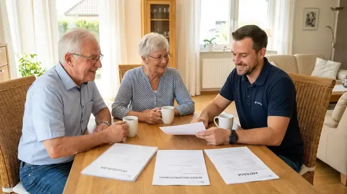 Ein älteres Ehepaar sitzt gemeinsam mit einem Pflegeberater am Esstisch. Auf dem Tisch liegen übersichtliche Dokumente. Alle wirken entspannt und besprechen die Unterlagen bei einer Tasse Kaffee.