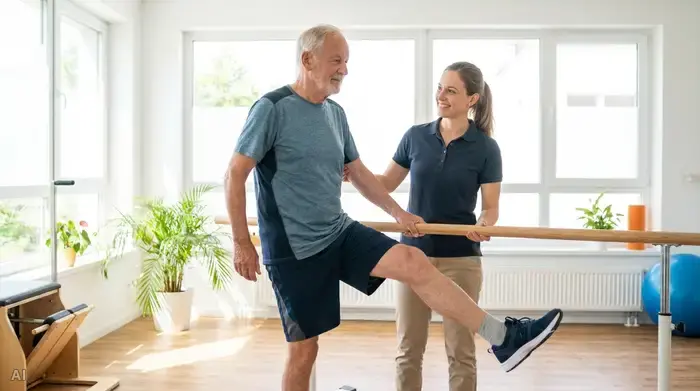 Ein aktiver Senior macht unter Anleitung einer freundlichen Physiotherapeutin leichte Gleichgewichtsübungen. Er stützt sich sanft an einer Gymnastikstange ab, der Raum ist lichtdurchflutet und freundlich.