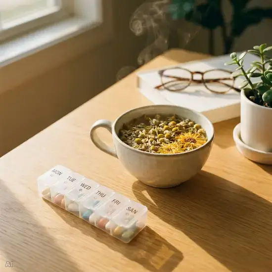 Eine Tasse Kräutertee und eine kleine, übersichtliche Pillendose liegen auf einem sauberen Holztisch im morgendlichen Sonnenlicht, was Ruhe und Routine ausstrahlt.