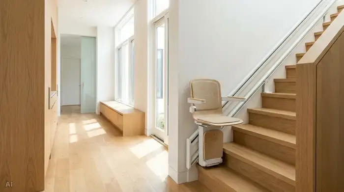 Ein moderner, diskreter Treppenlift in einem hellen, aufgeräumten Flur eines Einfamilienhauses. Hochwertiges Interieur, sicheres und barrierefreies Wohnen.