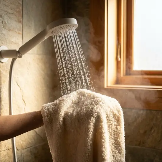 Ein sanfter Wasserstrahl aus einer modernen Duschbrause, der auf einen weichen, flauschigen Waschlappen trifft, beleuchtet von warmem, natürlichem Licht.