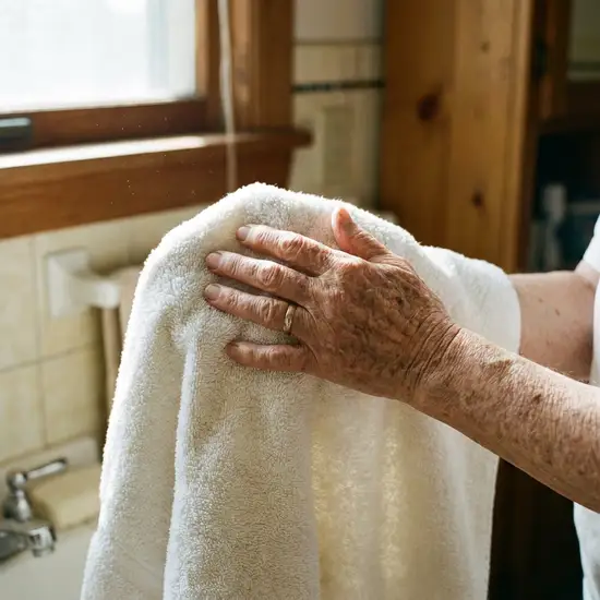 Eine ältere Person trocknet sich sanft die Hände mit einem extrem weichen, weißen Frotteehandtuch. Die Hände zeigen Lebenserfahrung, die Geste ist behutsam.