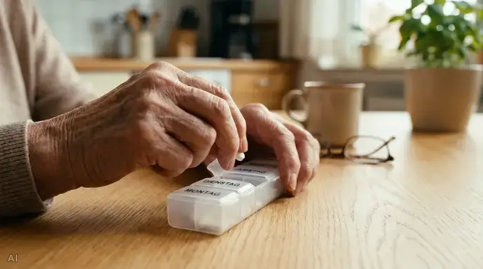 Nahaufnahme der Hände einer älteren Frau, die behutsam eine kleine weiße Tablette aus einem Medikamentendispenser nimmt. Der Hintergrund ist ein heller, sauberer Holztisch in einer gemütlichen Küche, sanft verschwommen.