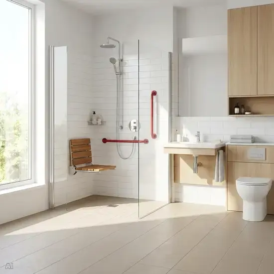 Ein helles, modernes und barrierefreies Badezimmer. Eine geräumige, bodengleiche Dusche mit einem stabilen, hochgeklappten Duschsitz an der Wand und roten, rutschfesten Haltegriffen. Der Boden besteht aus matten, beigen Anti-Rutsch-Fliesen.