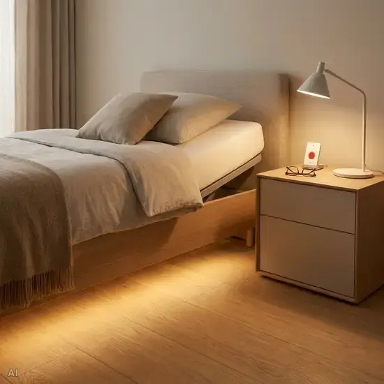 Ein gemütliches Schlafzimmer mit einem modernen, unauffälligen Pflegebett in Komforthöhe. Ein sanftes, warmes Orientierungslicht leuchtet unter dem Bett auf den sauberen Holzboden. Auf dem Nachttisch liegen ordentlich eine Brille und ein Notrufknopf.