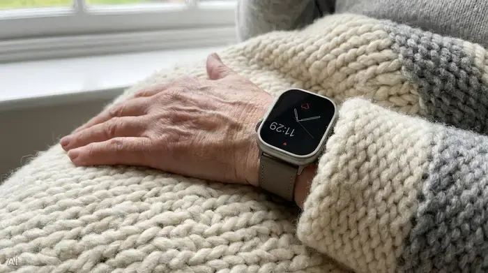 Ein eleganter, wasserdichter Hausnotruf-Sender, der wie eine moderne Armbanduhr aussieht, getragen am Handgelenk einer älteren Person. Die Hand ruht entspannt auf einer weichen Kuscheldecke.