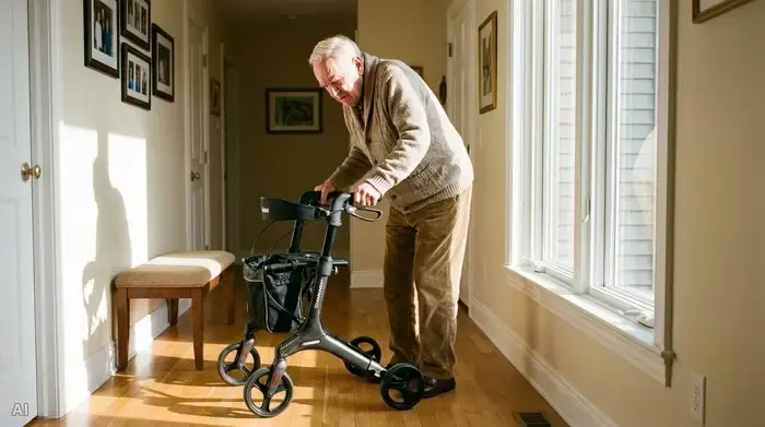 Ein älterer Herr stützt sich vorsichtig auf einen modernen Rollator in einem hellen, aufgeräumten Flur. Sein Gesichtsausdruck ist konzentriert, während sanftes Sonnenlicht die Szene beleuchtet und die Herausforderungen der Mobilität realistisch darstellt.