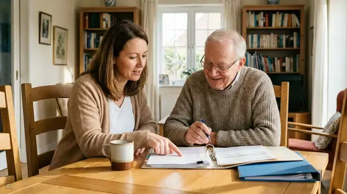 Eine erwachsene Tochter sitzt mit ihrem älteren Vater an einem aufgeräumten Esstisch aus Holz. Vor ihnen liegen ordentlich sortierte Dokumente und eine Kaffeetasse. Beide besprechen ruhig und fokussiert die Unterlagen in einer harmonischen, häuslichen Atmosphäre.
