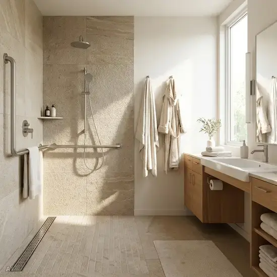 Ein helles, modernes und barrierefreies Badezimmer mit einer großzügigen, bodengleichen Dusche. Ein stabiler Haltegriff an der Wand und rutschfeste Fliesen sorgen für Sicherheit, während weiche Handtücher eine wohnliche Atmosphäre schaffen.