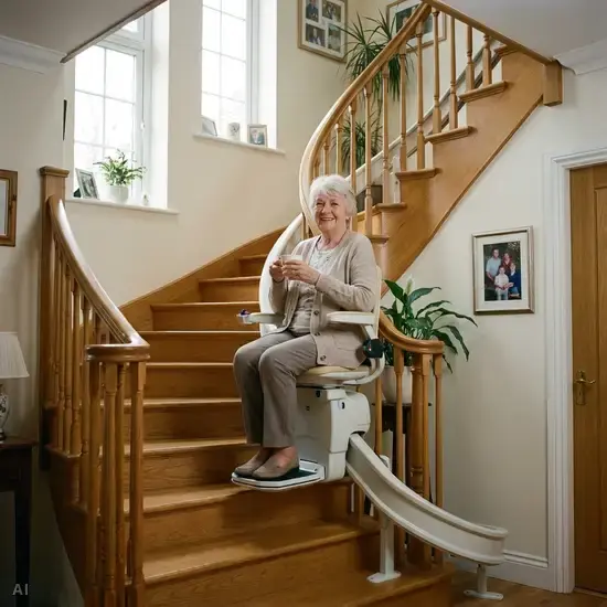 Eine lächelnde ältere Dame sitzt bequem in einem elektrischen Treppenlift, der an einer geschwungenen Holztreppe in einem gepflegten Einfamilienhaus montiert ist. Sie wirkt entspannt und sicher auf ihrem Weg ins obere Stockwerk.