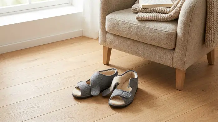 Ein Paar weiche, weit geöffnete Verbandschuhe mit praktischen Klettverschlüssen stehen ordentlich auf einem hellen Holzboden neben einem gemütlichen Sessel.