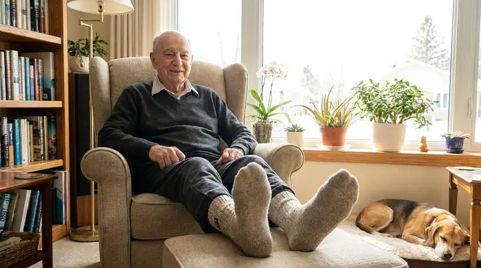 Ein älterer Herr sitzt aufrecht in einem Sessel am Fenster und macht leichte Fußgymnastik, indem er die Zehen sanft nach oben zieht. Helles, freundliches Wohnzimmer.