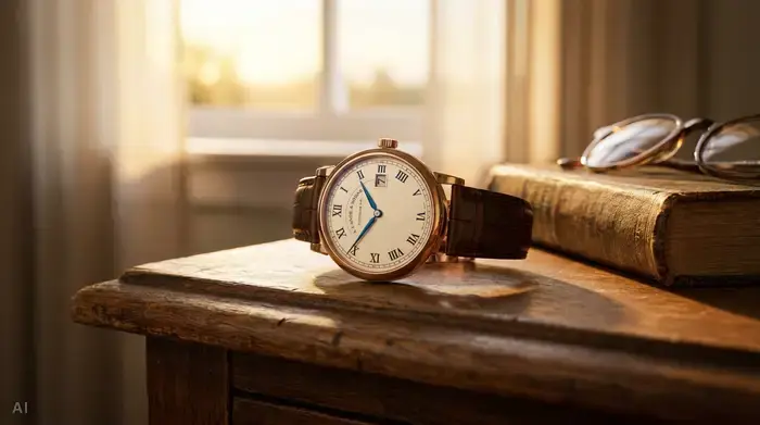 Eine detaillierte Nahaufnahme einer eleganten Analoguhr auf einem hölzernen Nachttisch, die genau sieben Uhr morgens anzeigt. Im verschwommenen Hintergrund fällt warmes, weiches Morgenlicht durch ein Fenster.