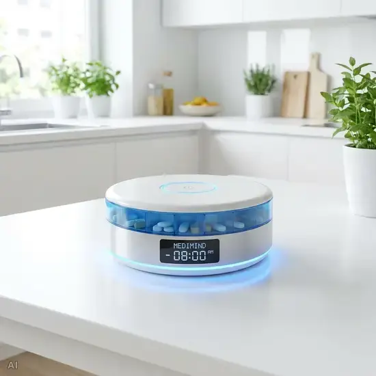 Ein moderner, runder elektronischer Medikamentenspender auf einem sauberen weißen Tisch, der durch ein sanftes, blaues LED-Licht beleuchtet wird. Die Umgebung ist aufgeräumt und hell.