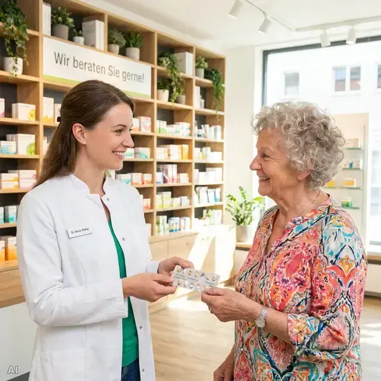 Eine freundliche Apothekerin in einem weißen Kittel überreicht einer lächelnden älteren Dame in einer hellen Apotheke einen fertigen Medikamentenblister.