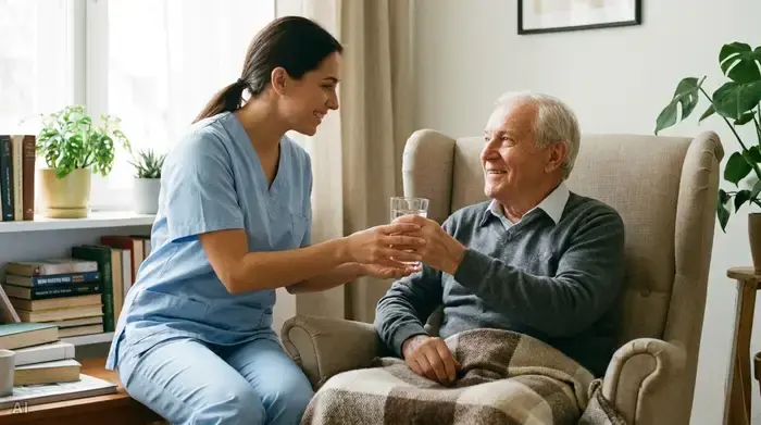 Eine fürsorgliche Pflegekraft in hellblauer Berufskleidung reicht einem älteren Patienten in einem gemütlichen Sessel schonend ein Glas Wasser. Beide lächeln sich vertrauensvoll und warmherzig an.